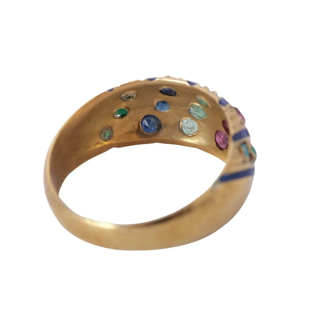 Unsigned Vintage 18K Yellow Gold Multicolor Gemstone & Blue Enamel Bombé Ring - '70s Blue Good - Inside View