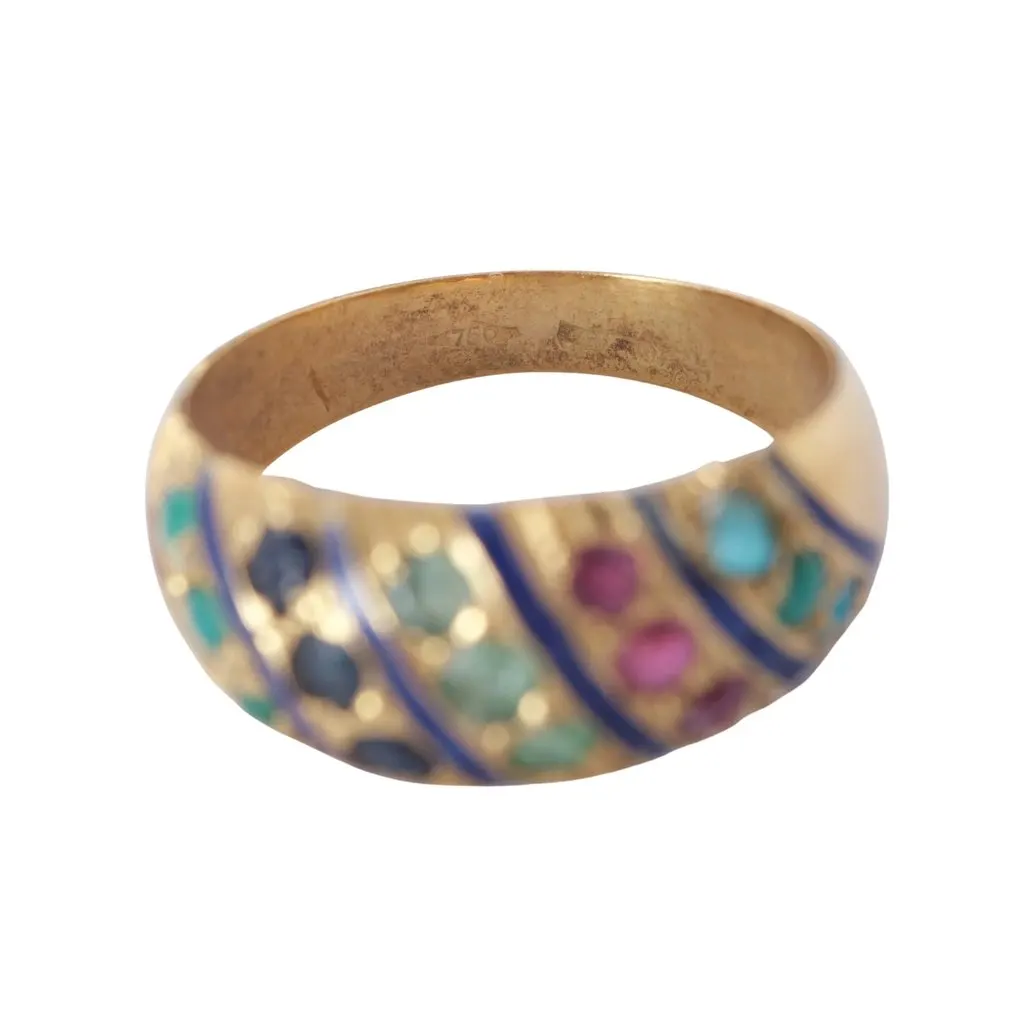 Unsigned Vintage 18K Yellow Gold Multicolor Gemstone & Blue Enamel Bombé Ring - '70s Blue Good - Model View