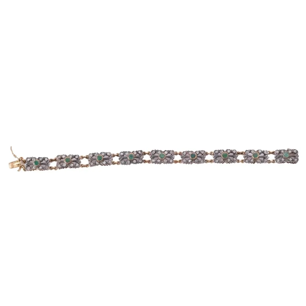 Unsigned Antique Victorian Emerald & Rose-Cut Diamond Floral Link Bracelet White Good - Front View