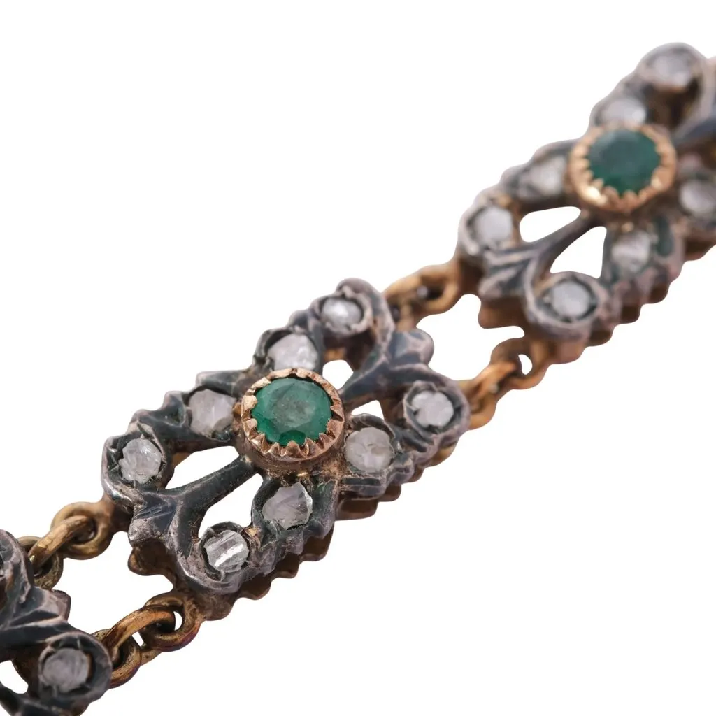 Unsigned Antique Victorian Emerald & Rose-Cut Diamond Floral Link Bracelet White Good - Inside View