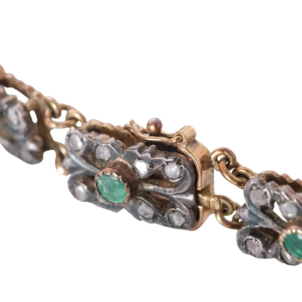 Unsigned Antique Victorian Emerald & Rose-Cut Diamond Floral Link Bracelet White Good - Model View