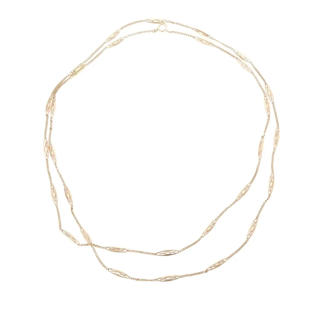 Unsigned Vintage 14K Yellow Gold Openwork Long Chain Necklace - '70s Yellow Lace Good - Front View