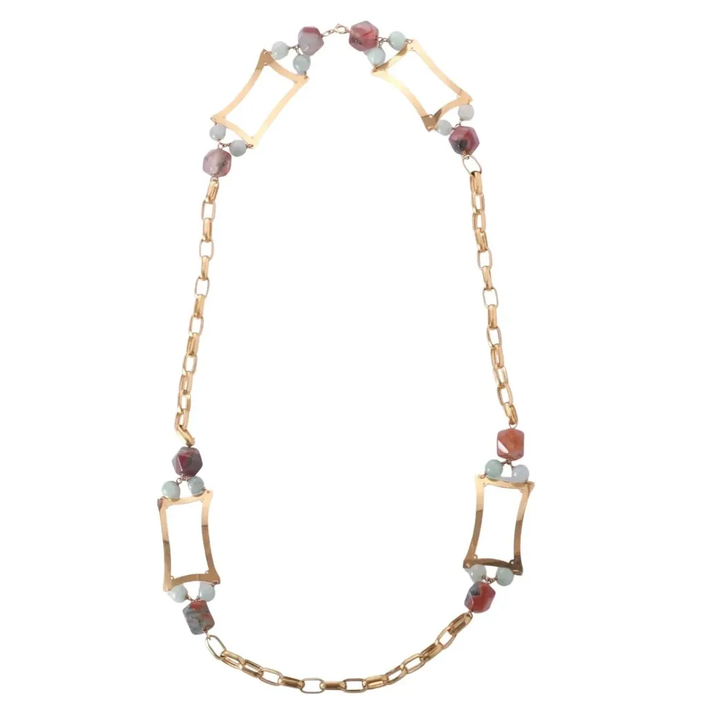 Unsigned Gold-Tone Geometric Long Necklace with Multicolour Gemstone Beads - '70s