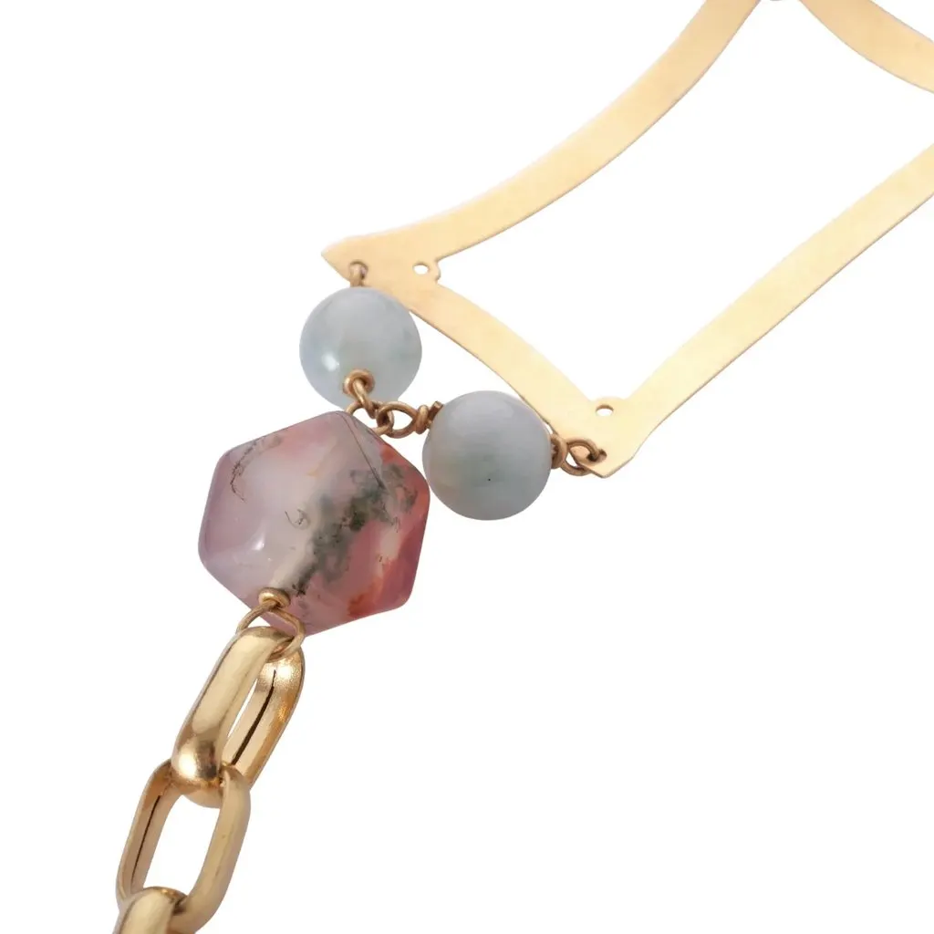 Unsigned Gold-Tone Geometric Long Necklace with Multicolour Gemstone Beads - '70s Gold Lace Good - Back View
