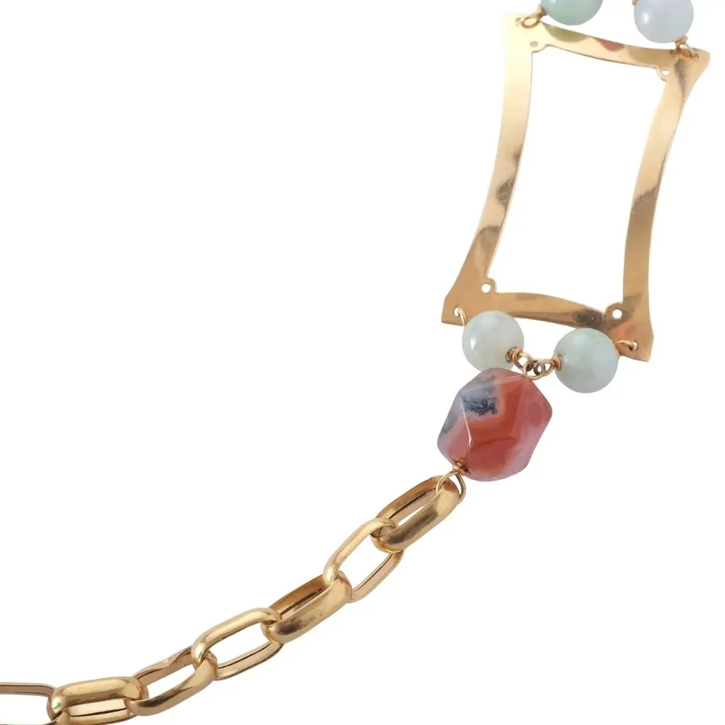 Unsigned Gold-Tone Geometric Long Necklace with Multicolour Gemstone Beads - '70s Gold Lace Good - Inside View