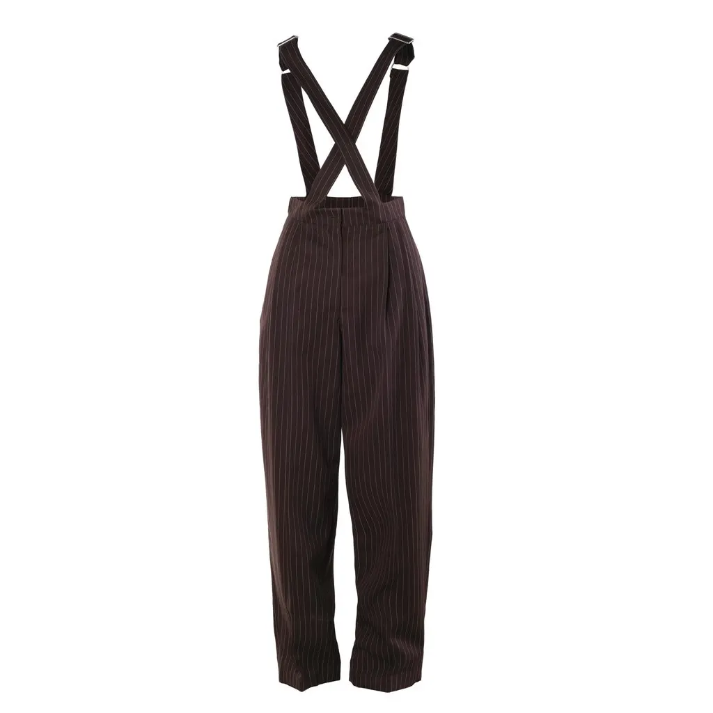 Jean Paul Gaultier Vintage Pinstripe High Waist Suspender Trousers - '90s Brown Good - Front View