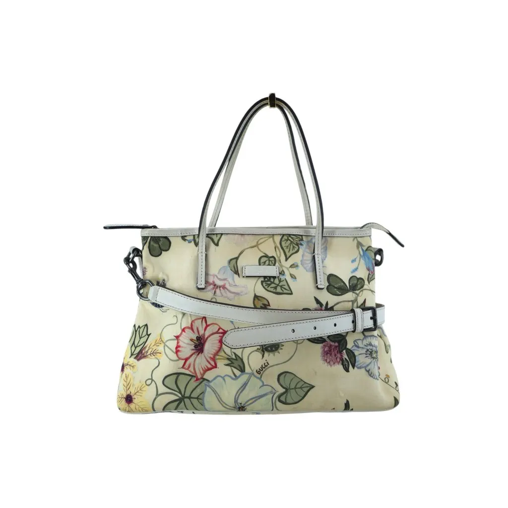 Gucci Tote Bag Flora Beige Canvas Good - Front View