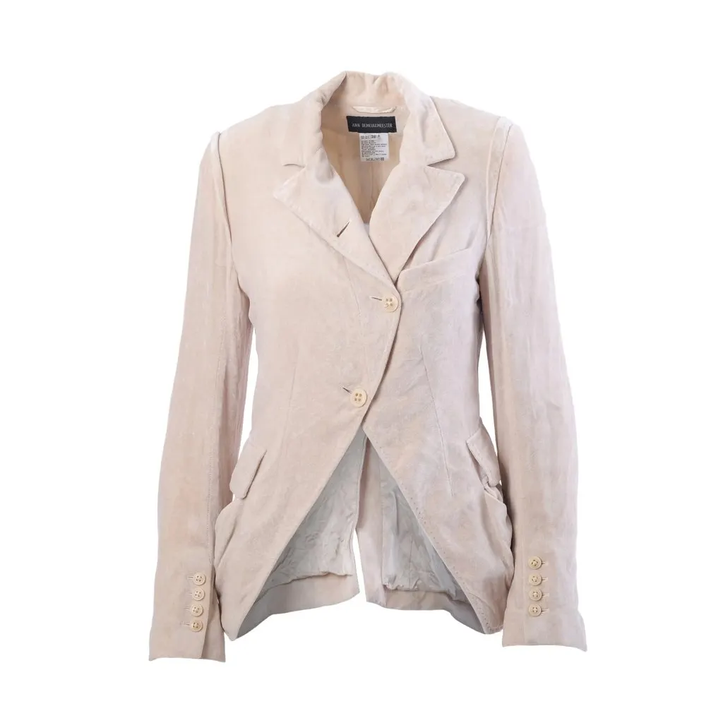 Ann Demeulemeester Ivory Asymmetric Stand Collar Suede-Effect Blazer - '00s White Suede Good - Front View