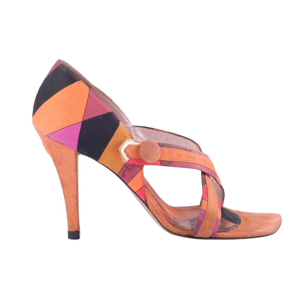 Emilio Pucci Vintage Geometric Print Suede Strappy Sandals - '00s Burgundy Suede Good - Front View