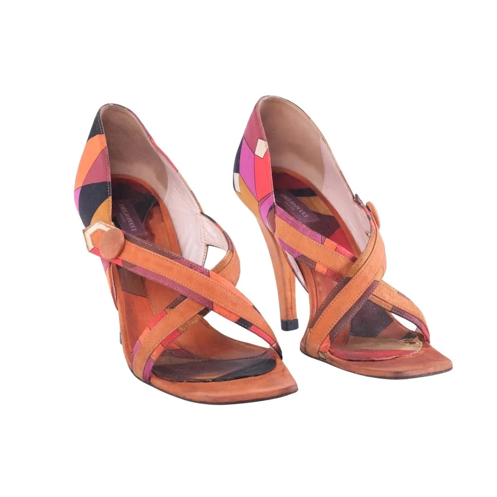 Emilio Pucci Vintage Geometric Print Suede Strappy Sandals - '00s Burgundy Suede Good - Back View