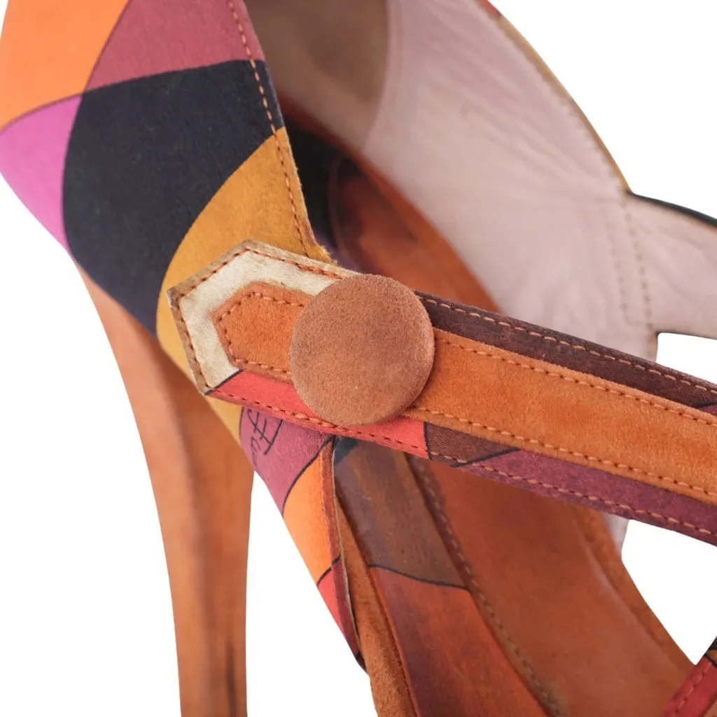 Emilio Pucci Vintage Geometric Print Suede Strappy Sandals - '00s Burgundy Suede Good - Model View