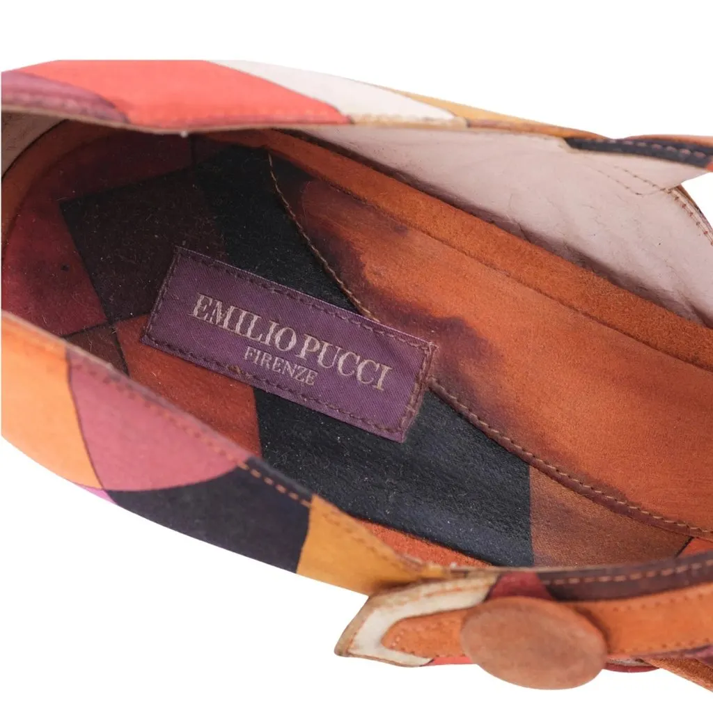 Emilio Pucci Vintage Geometric Print Suede Strappy Sandals - '00s Burgundy Suede Good - Box View
