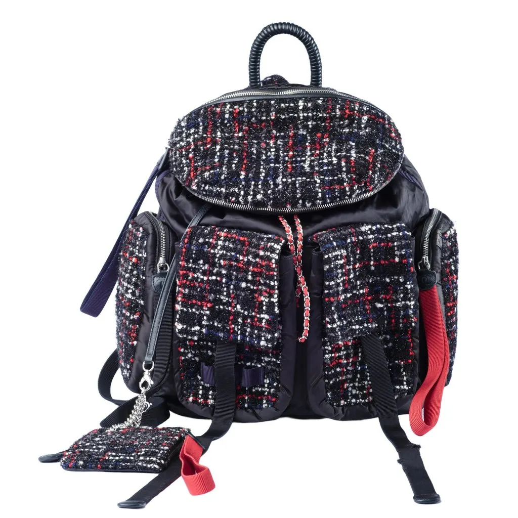 Chanel Fall 2017 Ready-to-Wear Astronaut Essentials Tweed & Nylon Backpack - '10s Black Tweed Good - Front View
