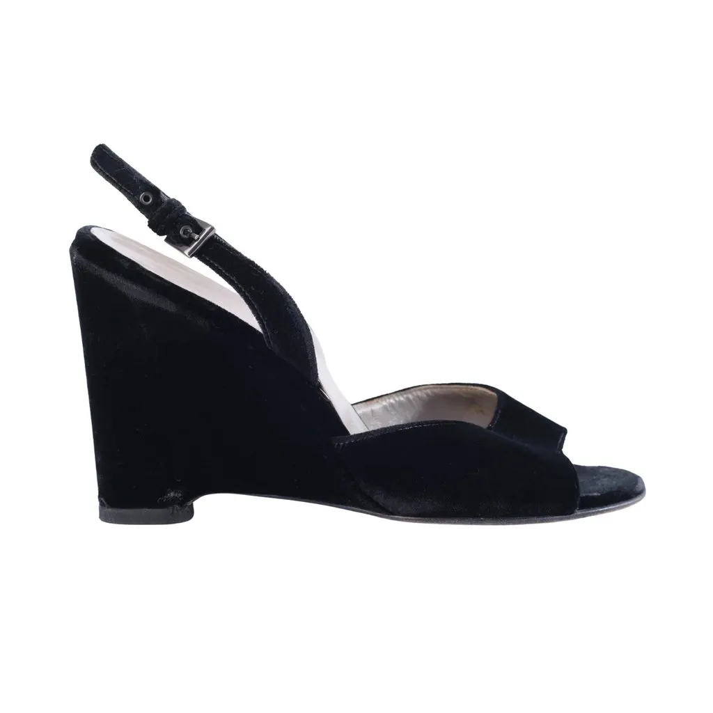 Prada Vintage Black Velvet Wedge Slingback Sandals - '90s