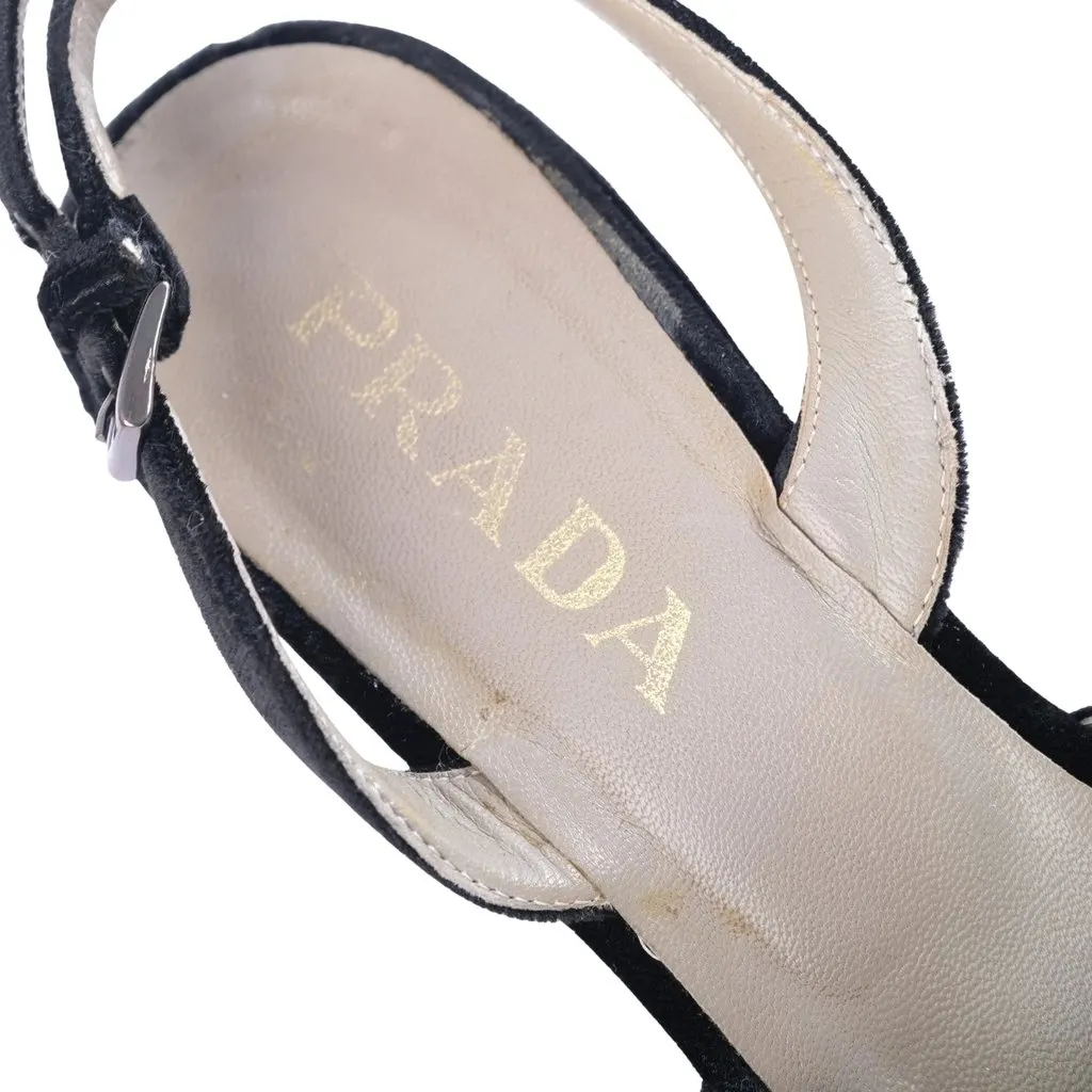 Prada Vintage Black Velvet Wedge Slingback Sandals - '90s Black Velvet Good - Model View