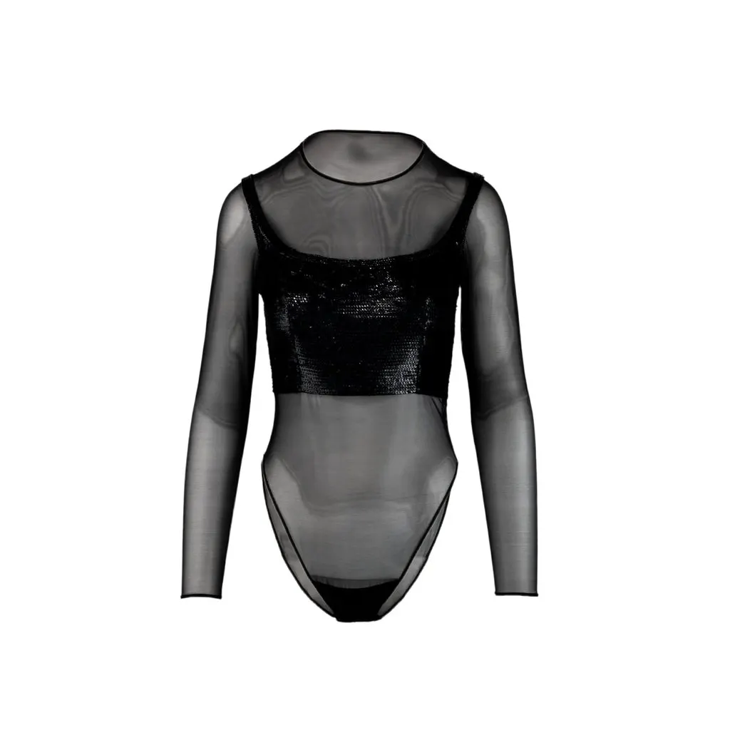 Unsigned Semi-sheer Leotard With Sequins - '90s Black Good - Front View