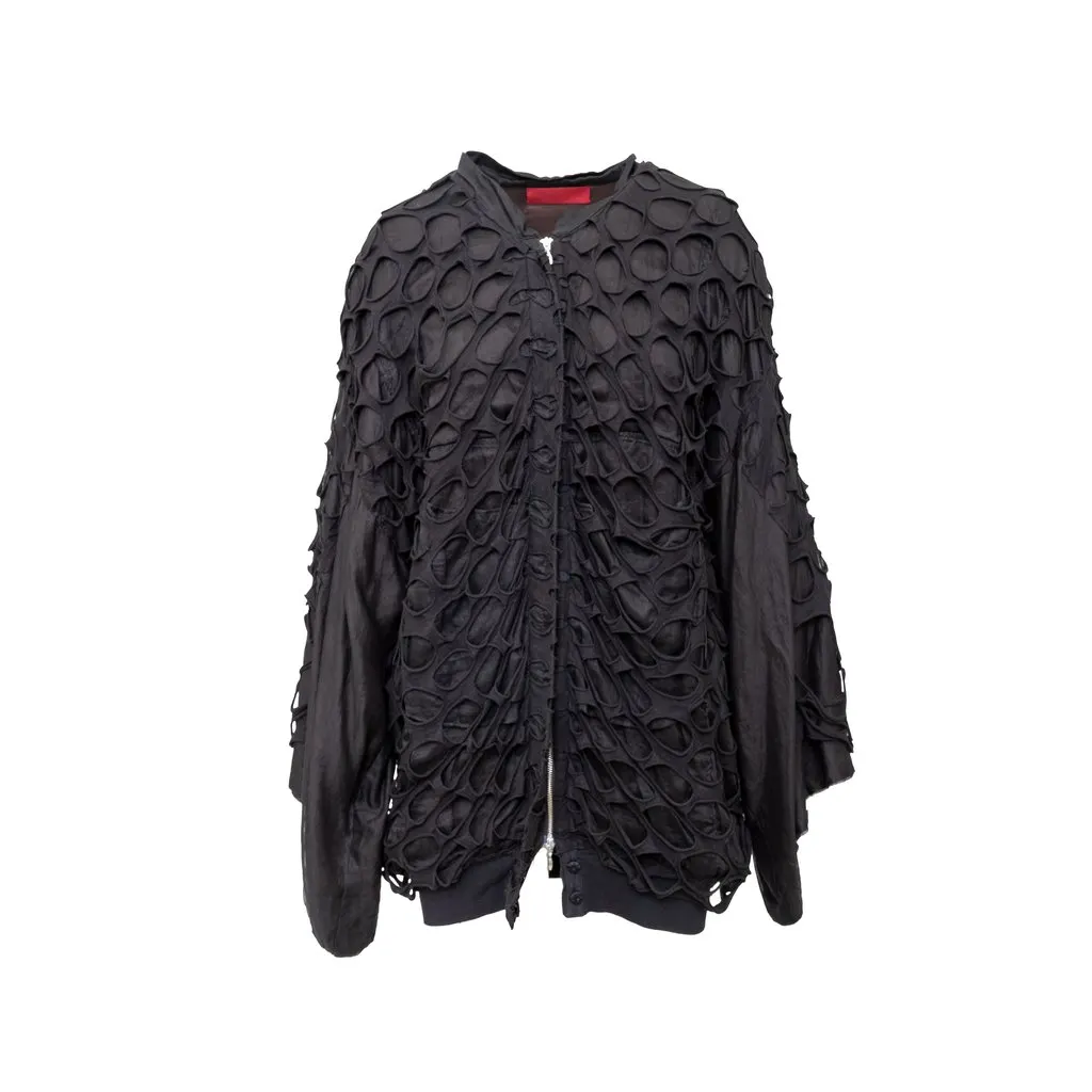 Unsigned Bomber Jacket With Cut-out Details - '10s Black Silk Good - Front View