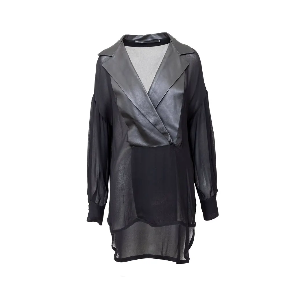 Unsigned Gaetano Navarra Black Leather Blouse - '00s Black Leather Good - Front View