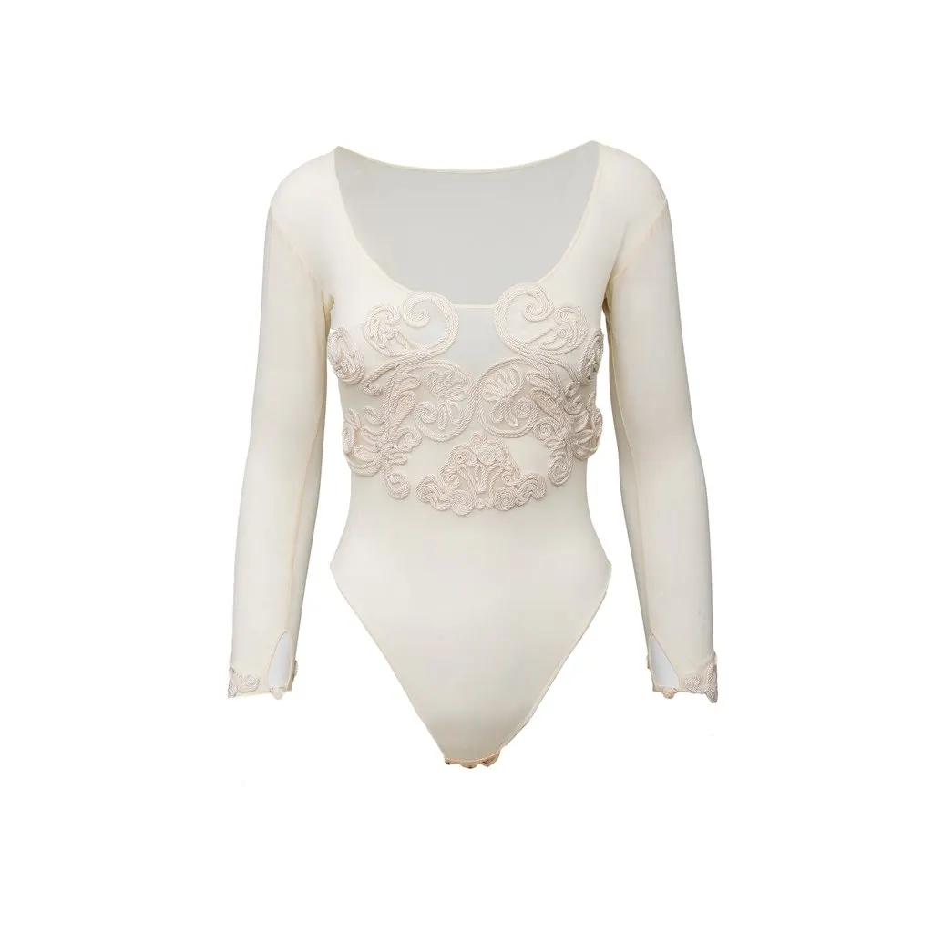 Unsigned Embroidered Bodysuit - '90s Red Lace Good - Front View