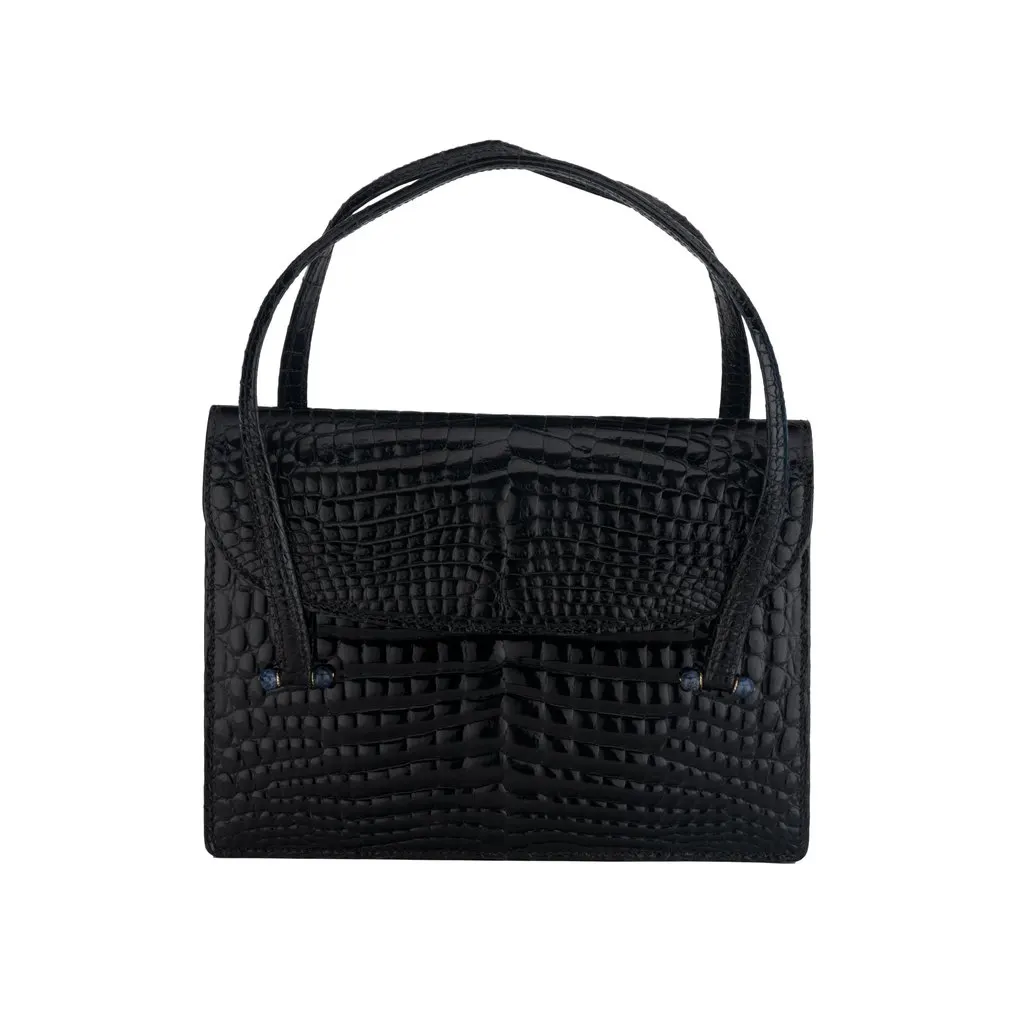 Unsigned Black Handbag - '80s Black Leather Good - Front View