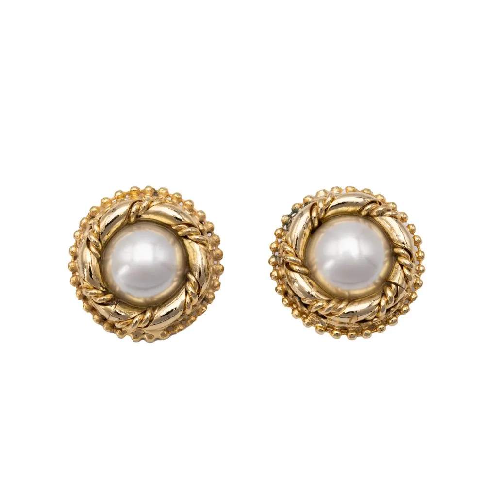 Unsigned Clip Earrings With Pearls - '80s Gold Good - Front View