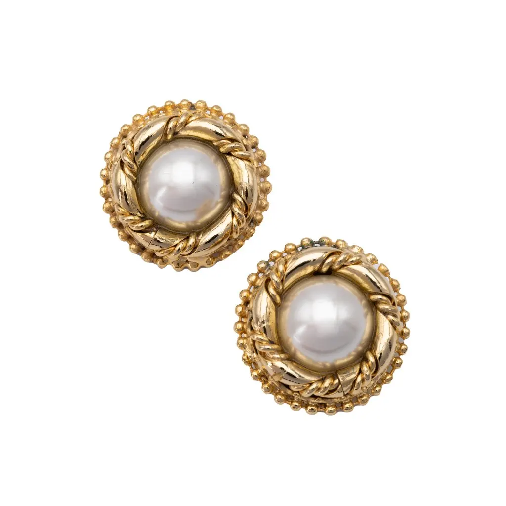 Unsigned Clip Earrings With Pearls - '80s Gold Good - Back View