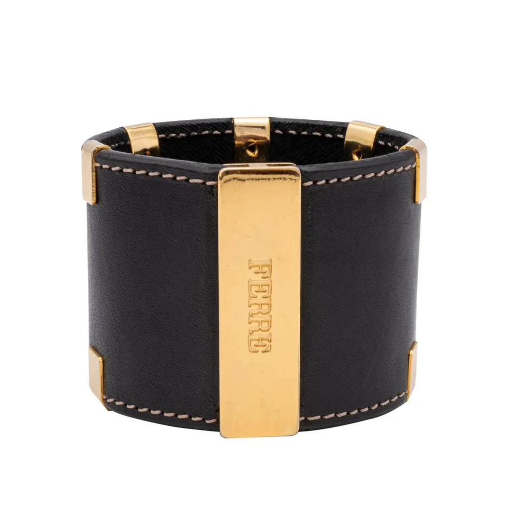Gianfranco Ferré Rigid Leather Bracelet - '80s Black Leather Good - Front View