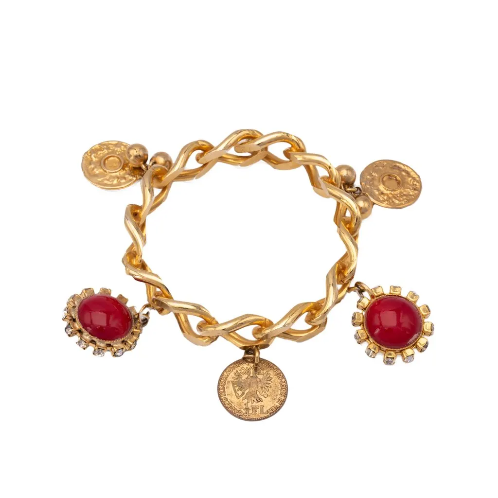 Unsigned Bracelet With Red Charms - '80s Red Good - Front View