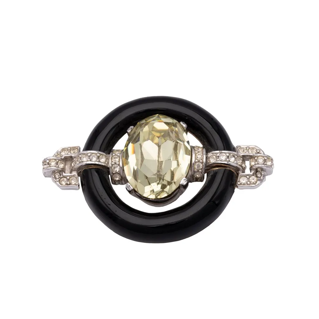 Unsigned Jewelled Brooch - '80s Black Good - Front View