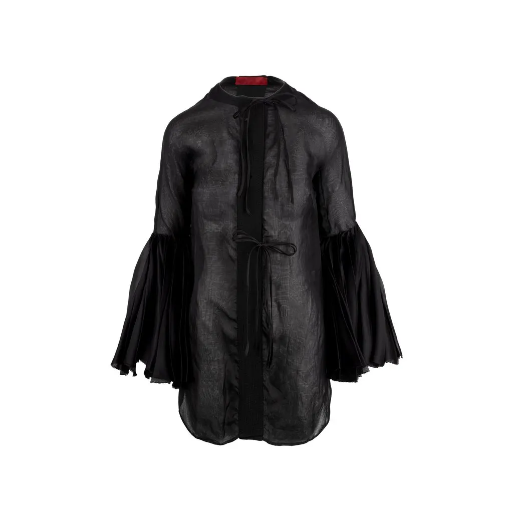 Unsigned Shirt With Pleated Sleeve - '10s Black Silk Good - Front View