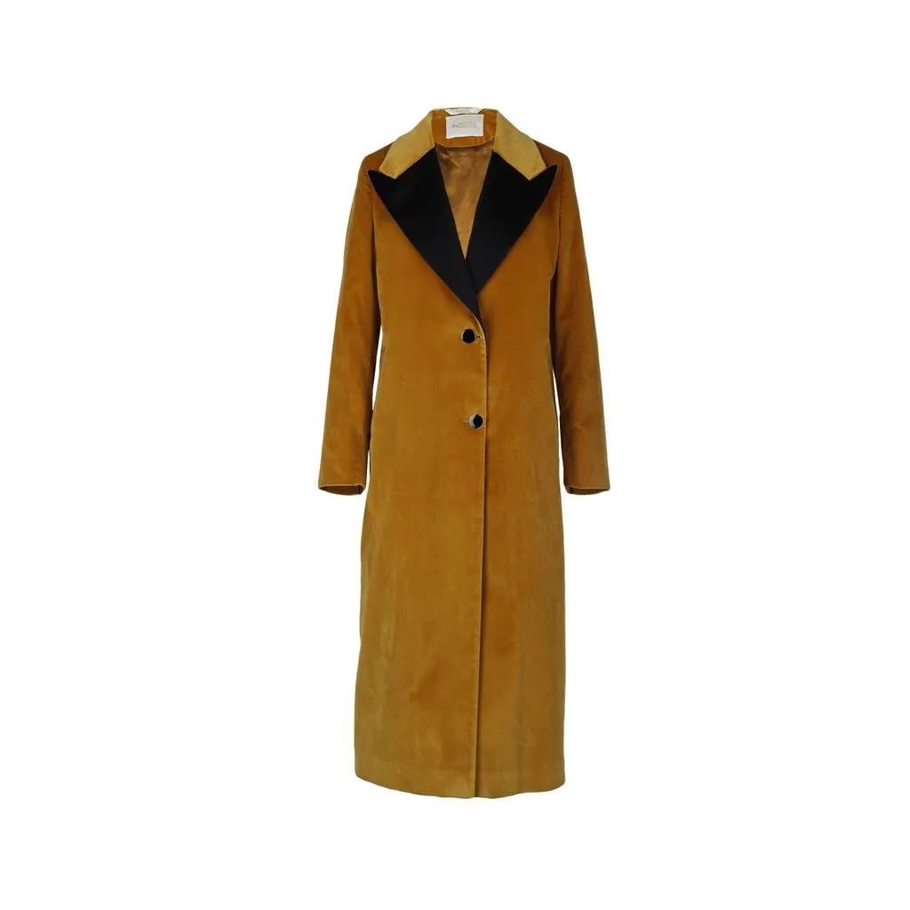 Unsigned Bottega Martinese Mustard Velvet Long Coat  - '10s Black Velvet Good - Front View
