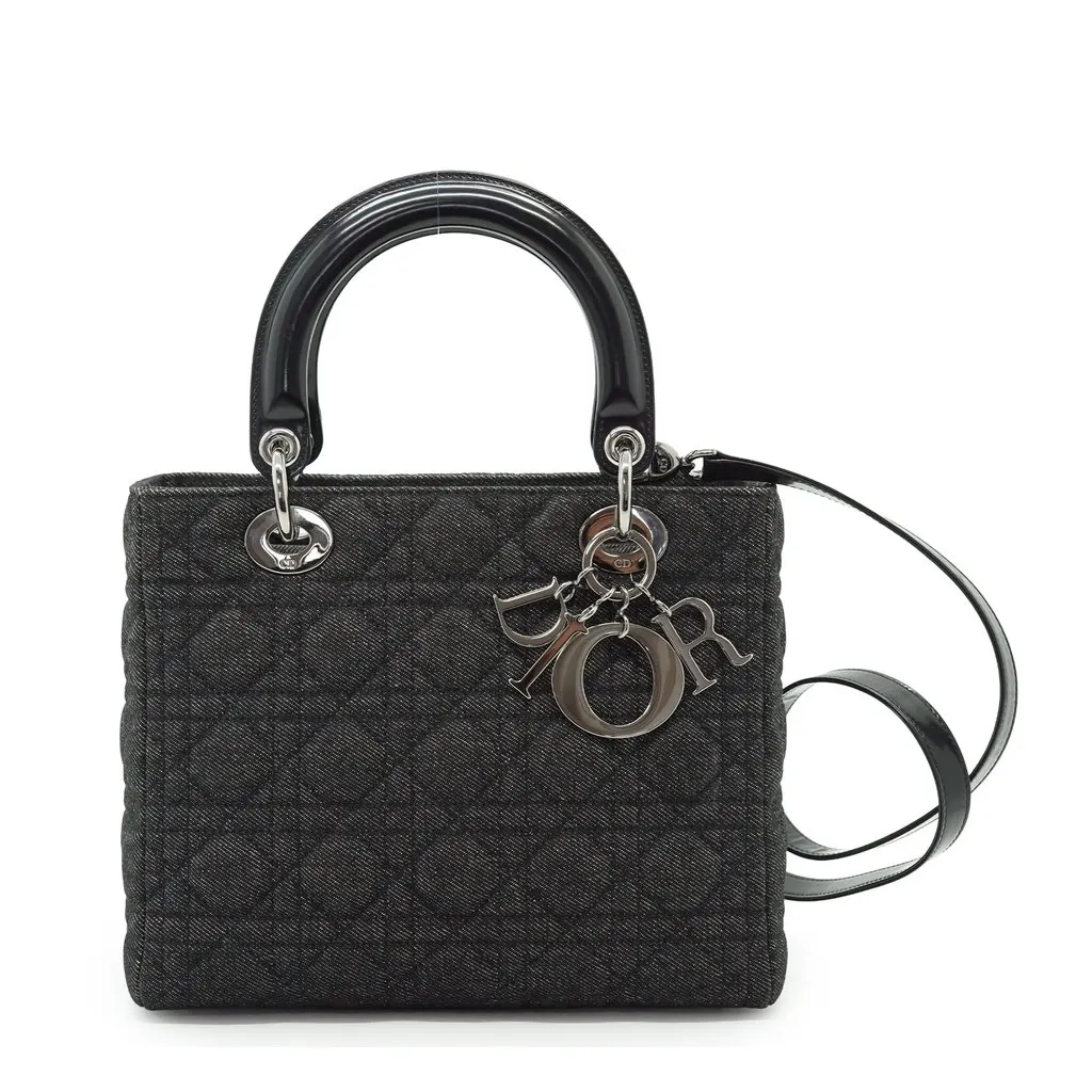 Dior Tote Bag Vintage Lady Dior Black Denim Good - Front View