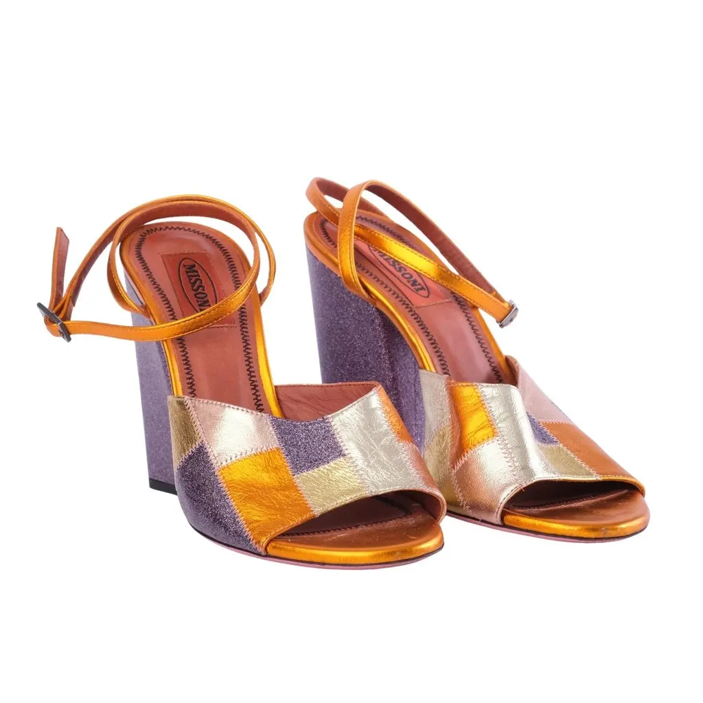 Missoni Metallic Patchwork Leather & Glitter Block-Heel Sandals - '00s MultiColor Leather Good - Back View