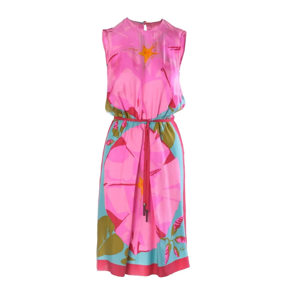 Unsigned Ken Scott Vintage Pink Floral Silk Midi Dress with Tassel Belt - '80s Pink Silk Good - Front View