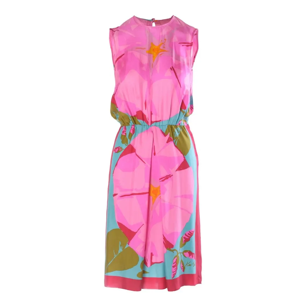 Unsigned Ken Scott Vintage Pink Floral Silk Midi Dress with Tassel Belt - '80s Pink Silk Good - Back View