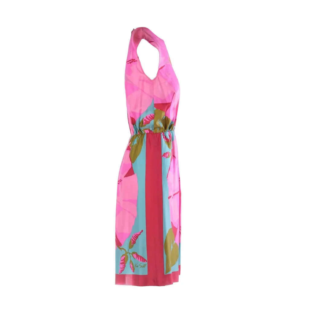 Unsigned Ken Scott Vintage Pink Floral Silk Midi Dress with Tassel Belt - '80s Pink Silk Good - Inside View