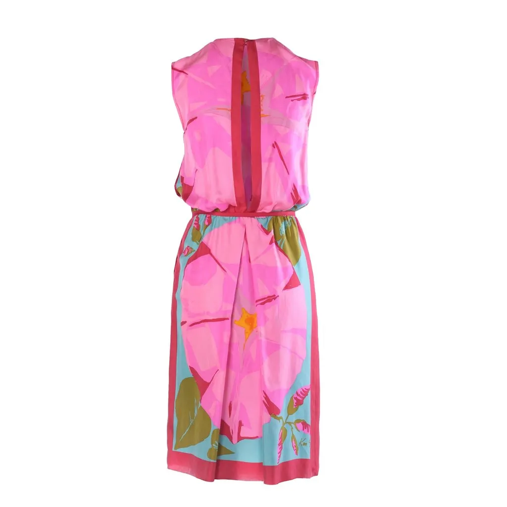 Unsigned Ken Scott Vintage Pink Floral Silk Midi Dress with Tassel Belt - '80s Pink Silk Good - Model View