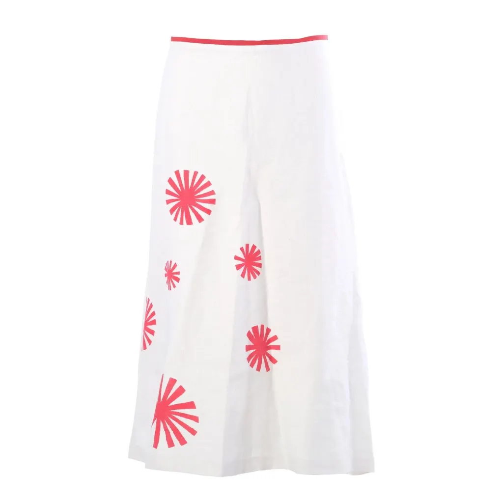 Unsigned Graphic Sunburst Linen Maxi Skirt - '10s White Linen Good - Front View