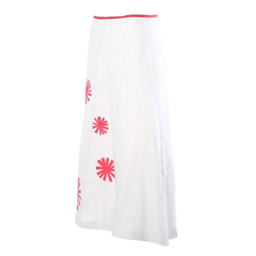 Unsigned Graphic Sunburst Linen Maxi Skirt - '10s White Linen Good - Back View