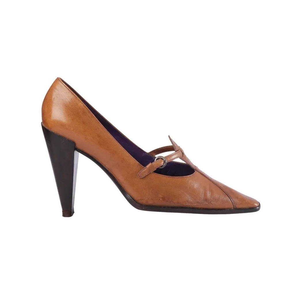 Miu Miu Brown Leather Buckled Pointed-Toe Pumps - '90s Brown Leather Good - Front View