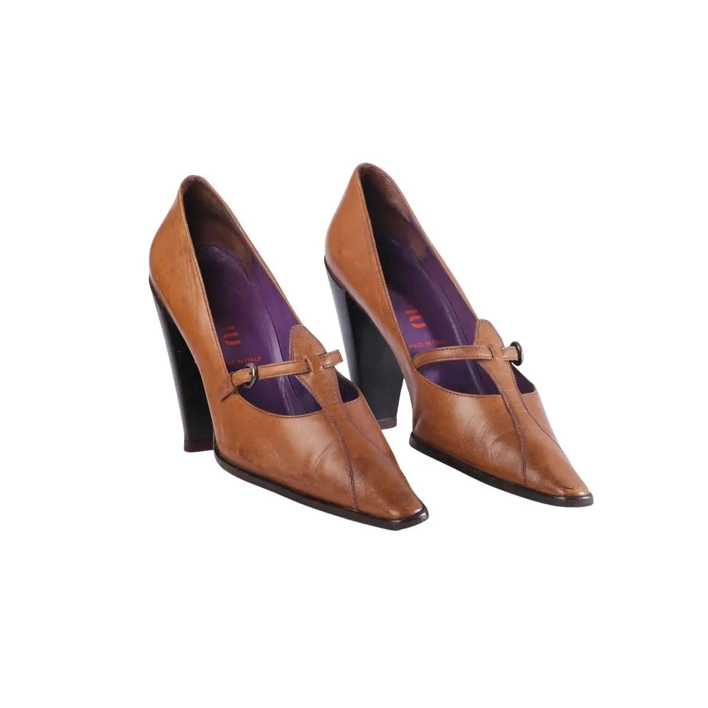 Miu Miu Brown Leather Buckled Pointed-Toe Pumps - '90s Brown Leather Good - Back View