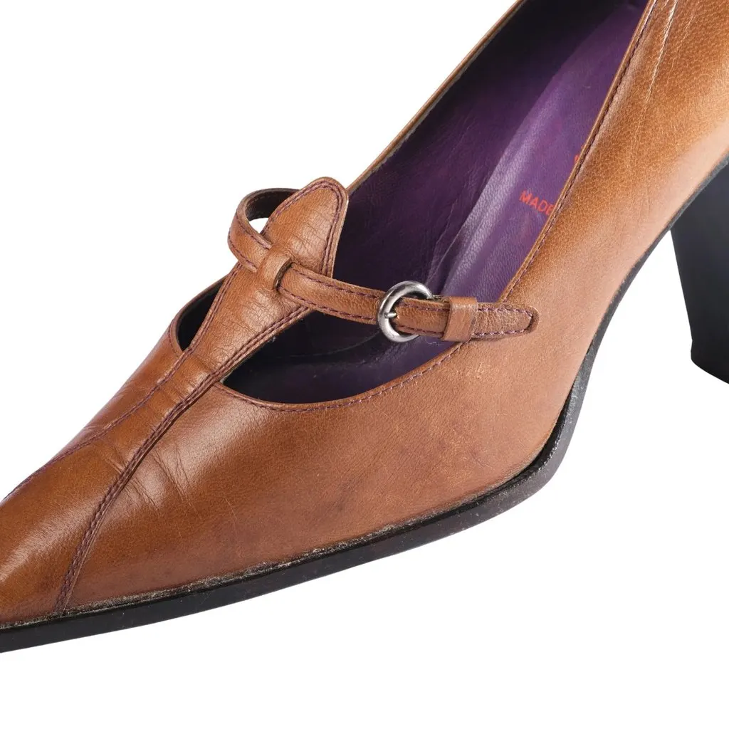 Miu Miu Brown Leather Buckled Pointed-Toe Pumps - '90s Brown Leather Good - Model View