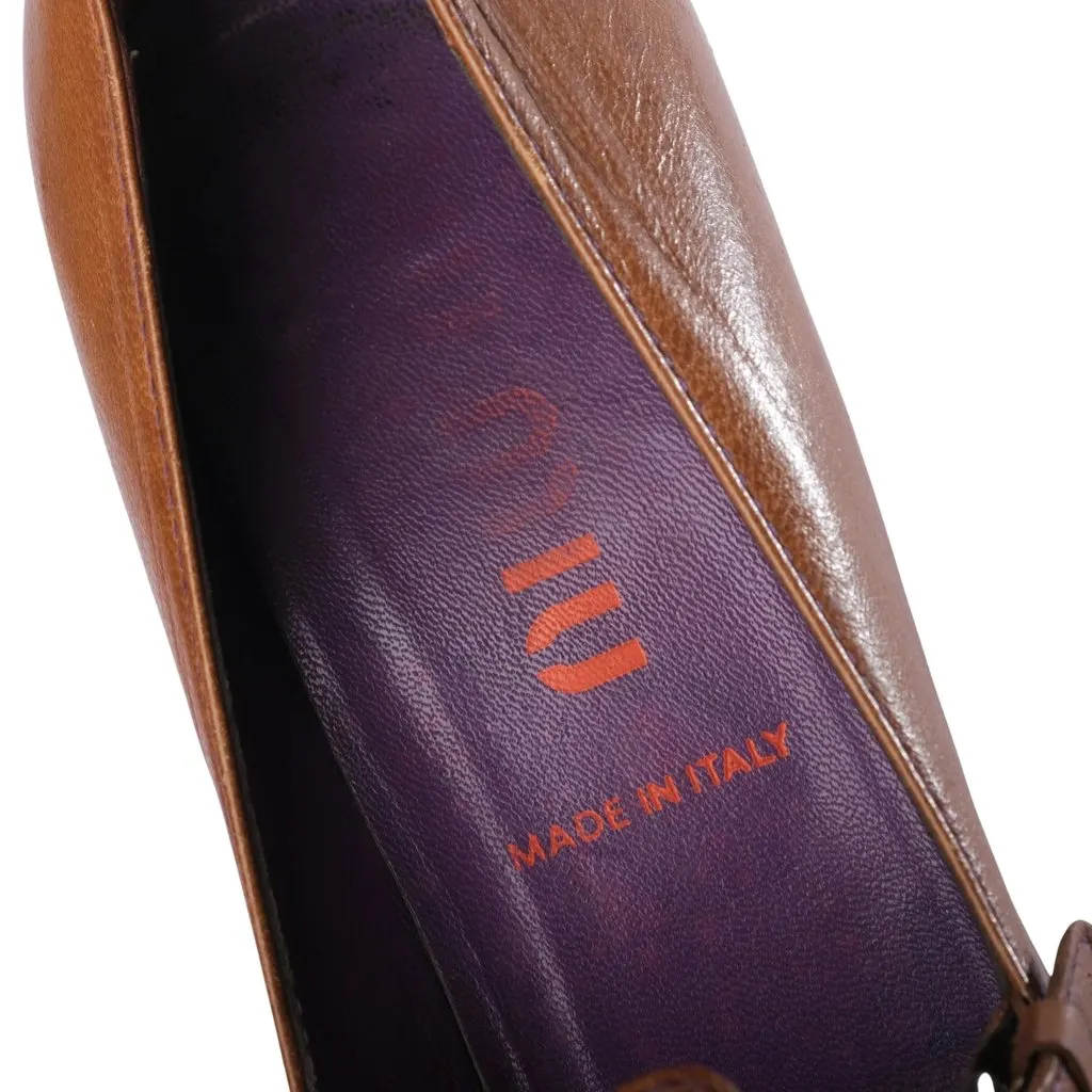 Miu Miu Brown Leather Buckled Pointed-Toe Pumps - '90s Brown Leather Good - Box View