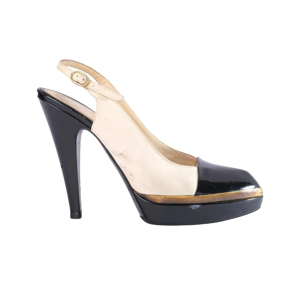 Saint Laurent Leather Colorblock Pattern Slingback Pumps - '00s White Leather Good - Front View