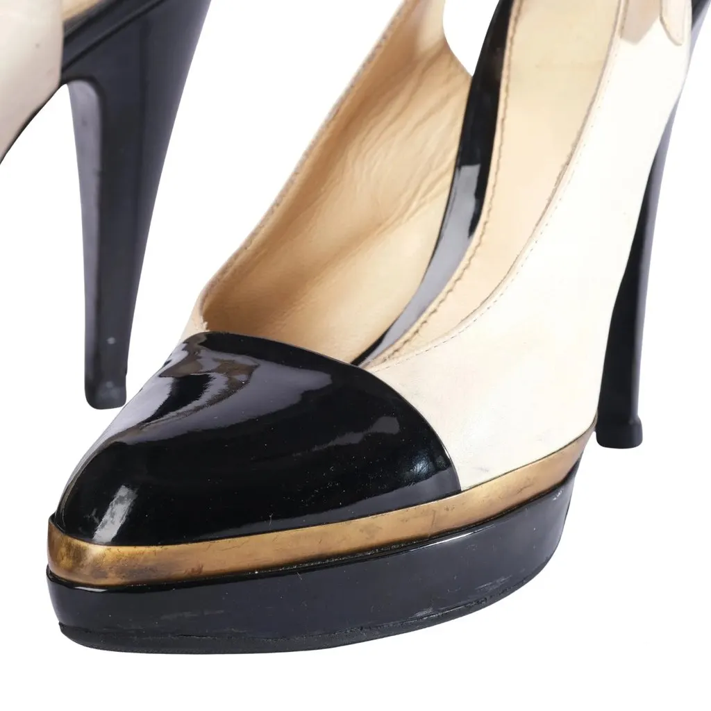 Saint Laurent Leather Colorblock Pattern Slingback Pumps - '00s White Leather Good - Model View
