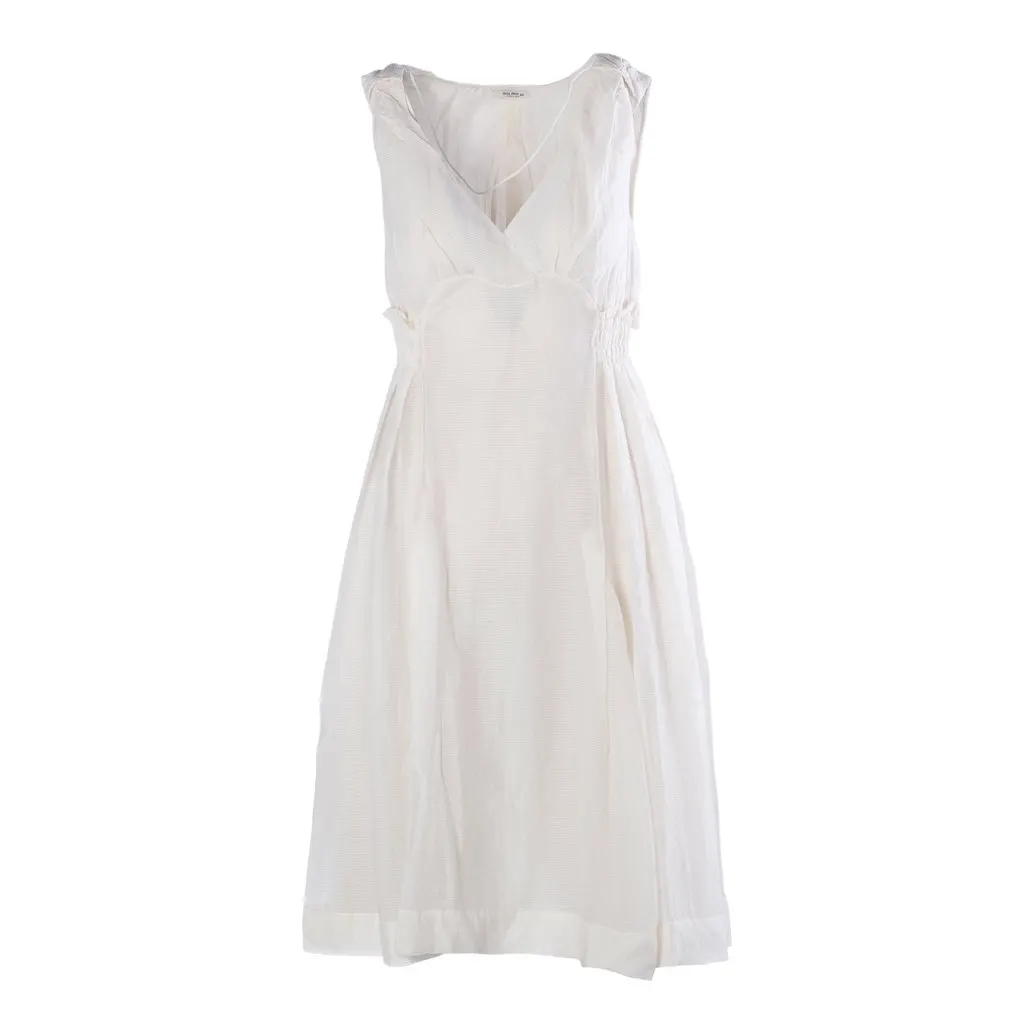 Miu Miu 2007 Silk-Cotton Smocked Waist Midi Dress - '00s White Silk Good - Front View