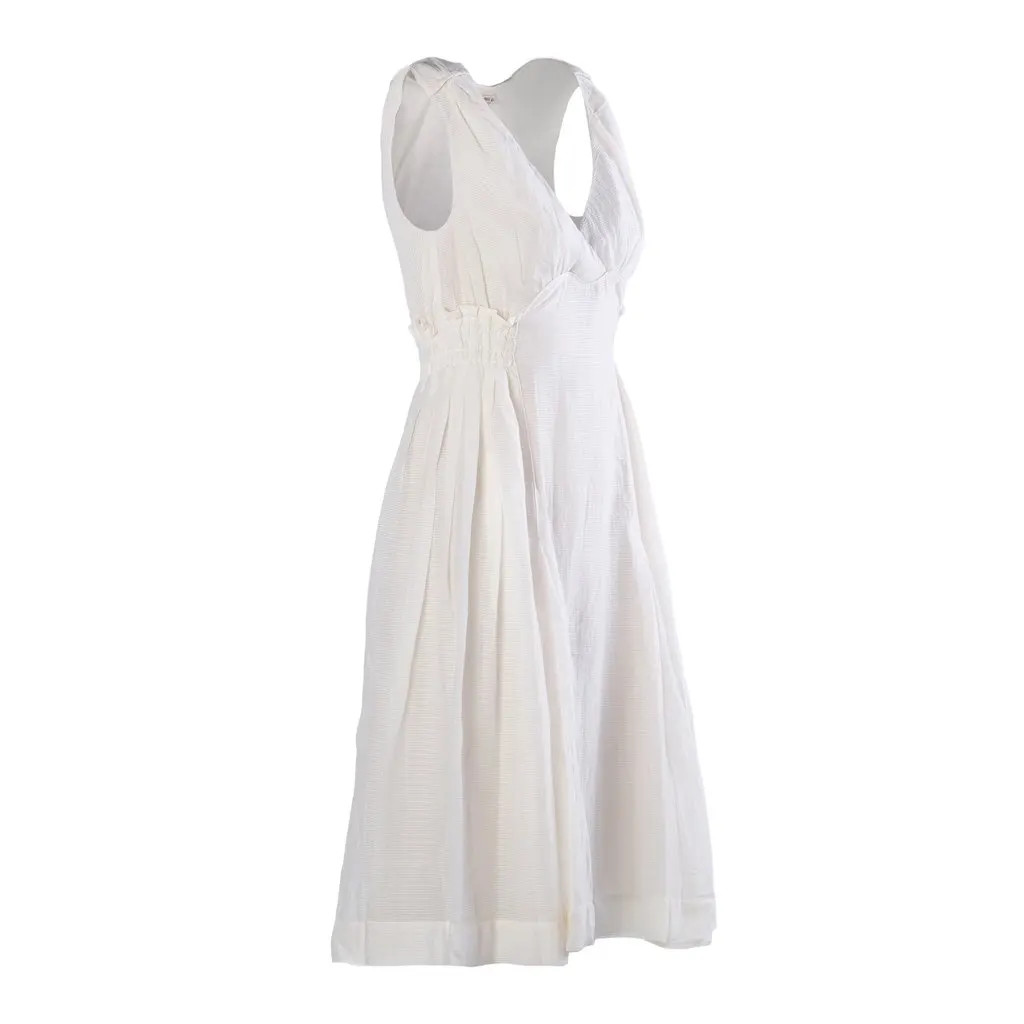 Miu Miu 2007 Silk-Cotton Smocked Waist Midi Dress - '00s White Silk Good - Back View