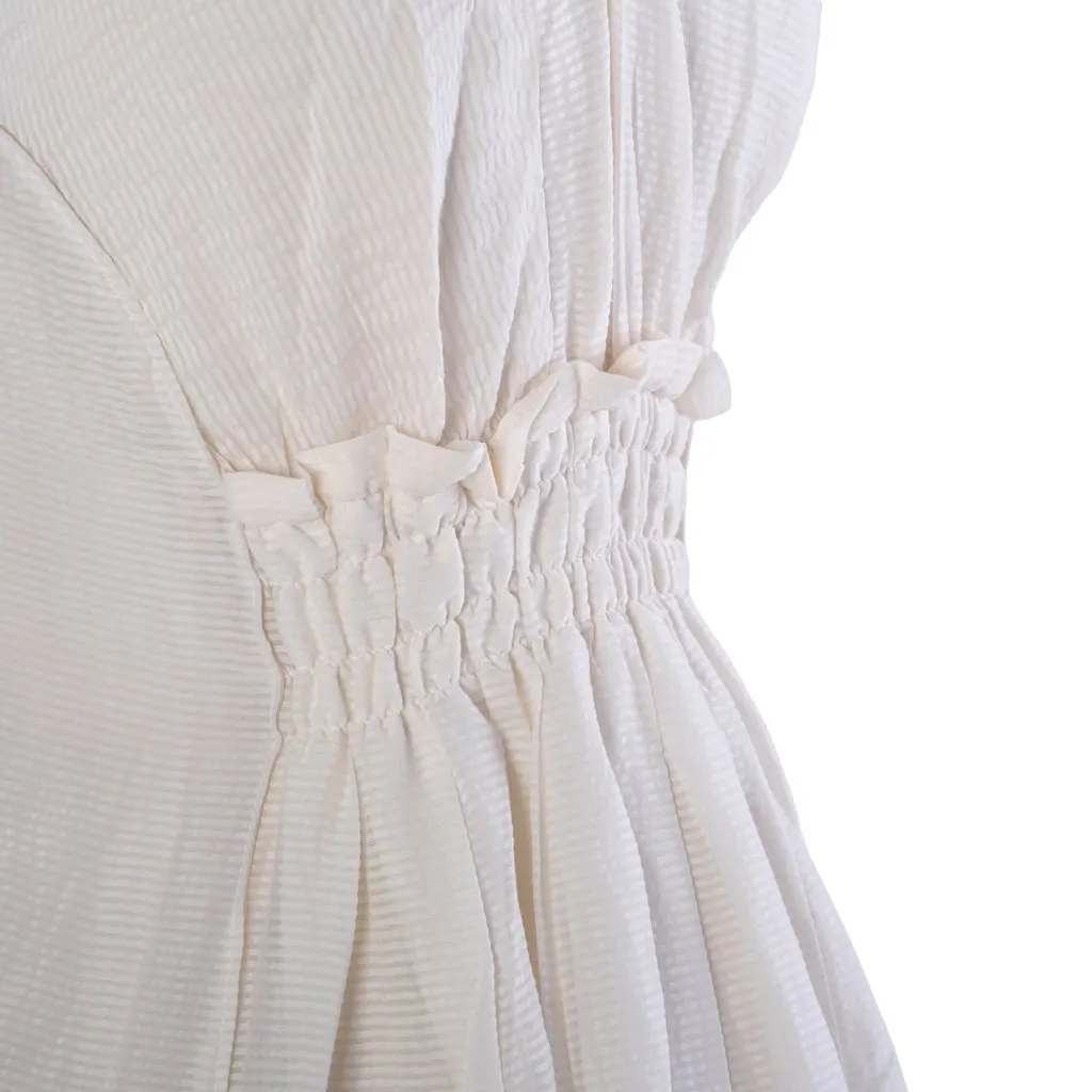 Miu Miu 2007 Silk-Cotton Smocked Waist Midi Dress - '00s White Silk Good - Model View
