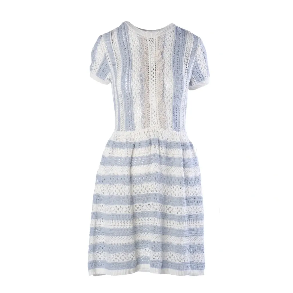 Red Valentino Blue & White Striped Crochet-Knit Cotton Dress - '10s