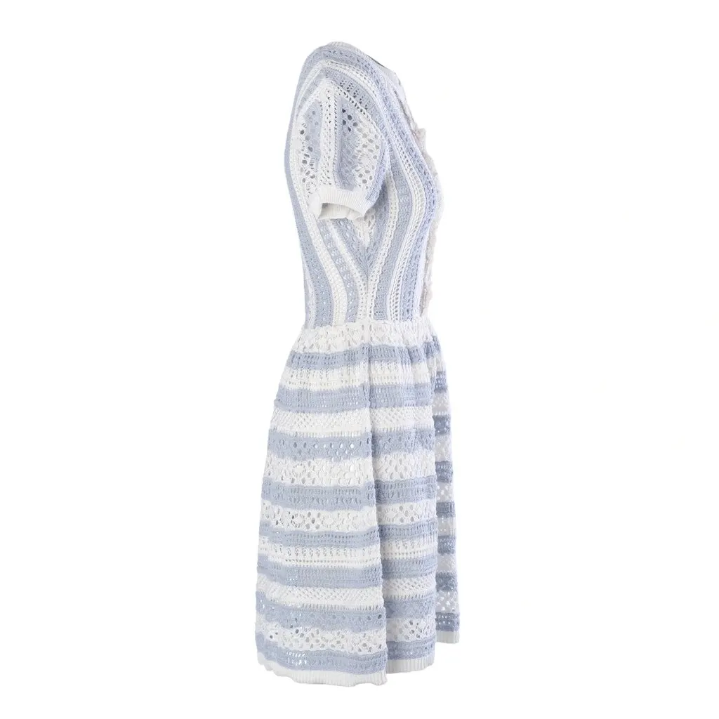 Red Valentino Blue & White Striped Crochet-Knit Cotton Dress - '10s White Cotton Good - Back View
